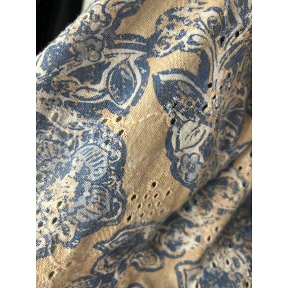 Ruby Rd. Petite 16W Floral Button-Up Shirt Blue & Beige Cotton/Flax - Picture 12 of 15